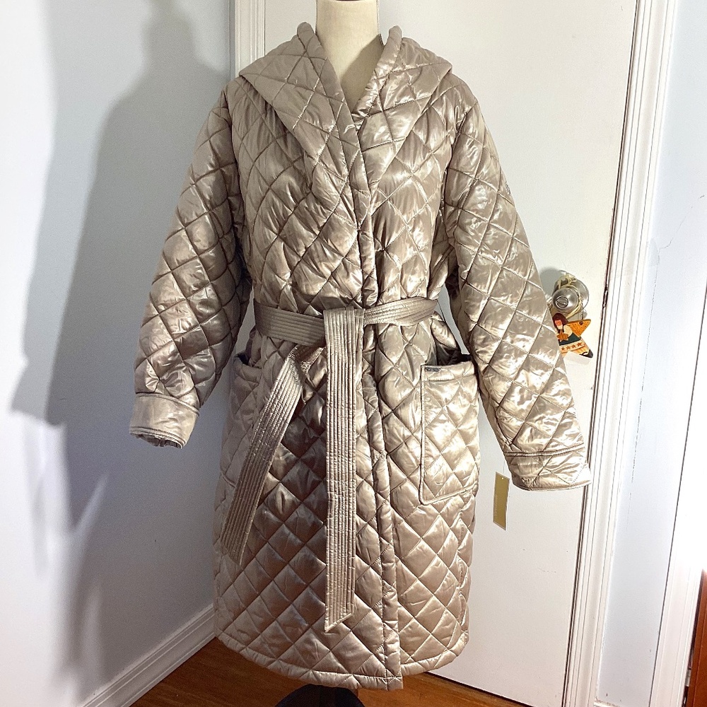NWT MICHAEL KORS XXL TAUPE METALLIC QUILTED  LONG HOODED PUFFER COAT LIGHTWEIGHT